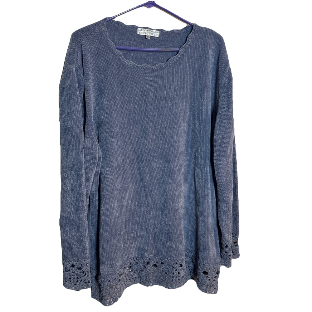 Vintage Carolyn Taylor Woman 2X Blue Sweater Crochet Lace Hem Trim Made in Korea